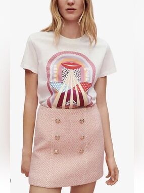 Maje Josila Pink Tweed A Line Mini Skirt with Gold Buttons Size EU 40 NWT